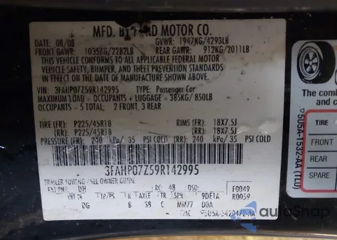 2009 Ford Fusion Se из США, поврежденный, VIN 3FAHP07Z59R142995